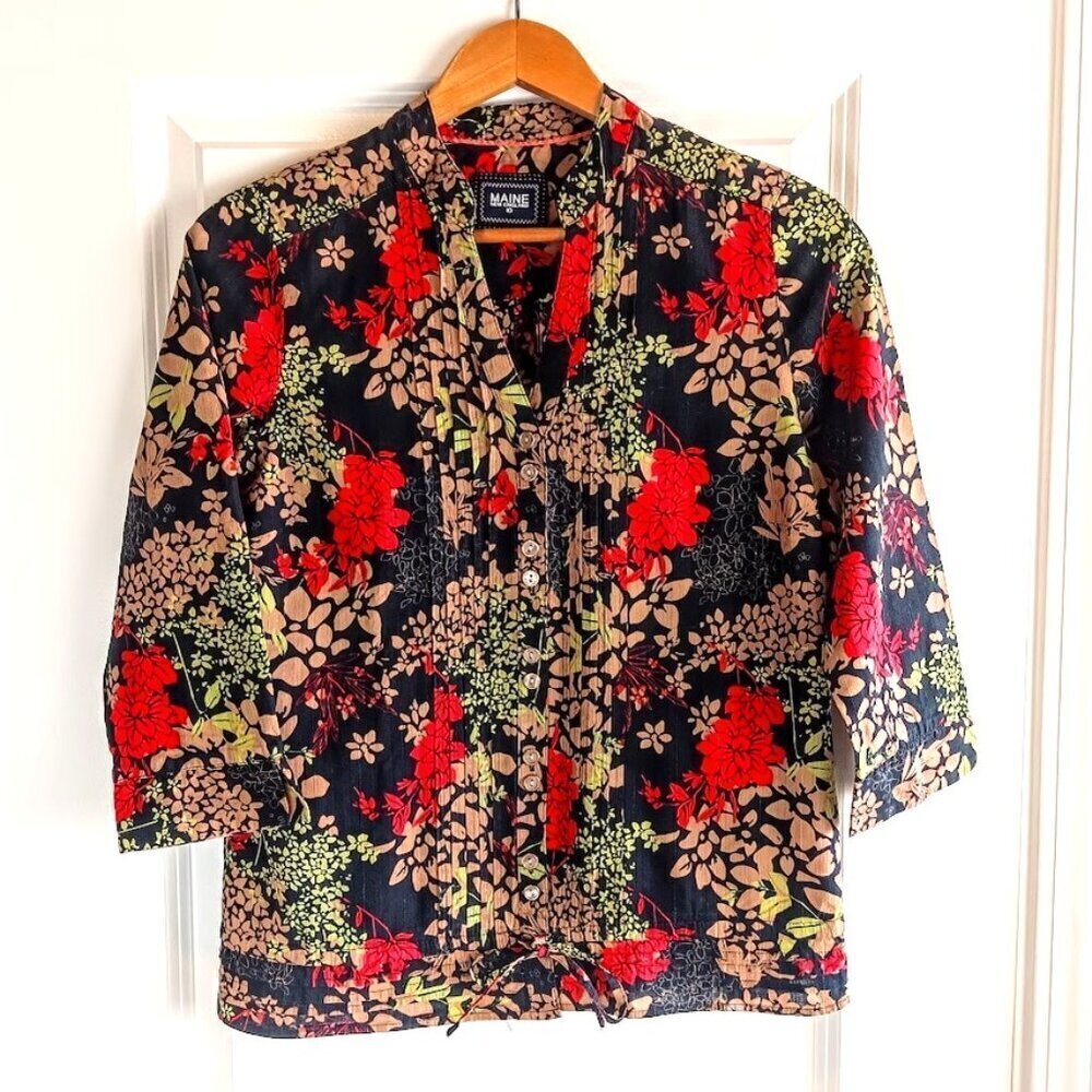 Maine New England Red Floral Pleated Cotton Shirt